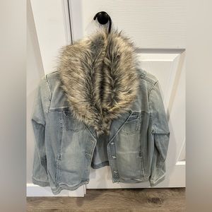 Never worn Chico’s denim jacket with fur.